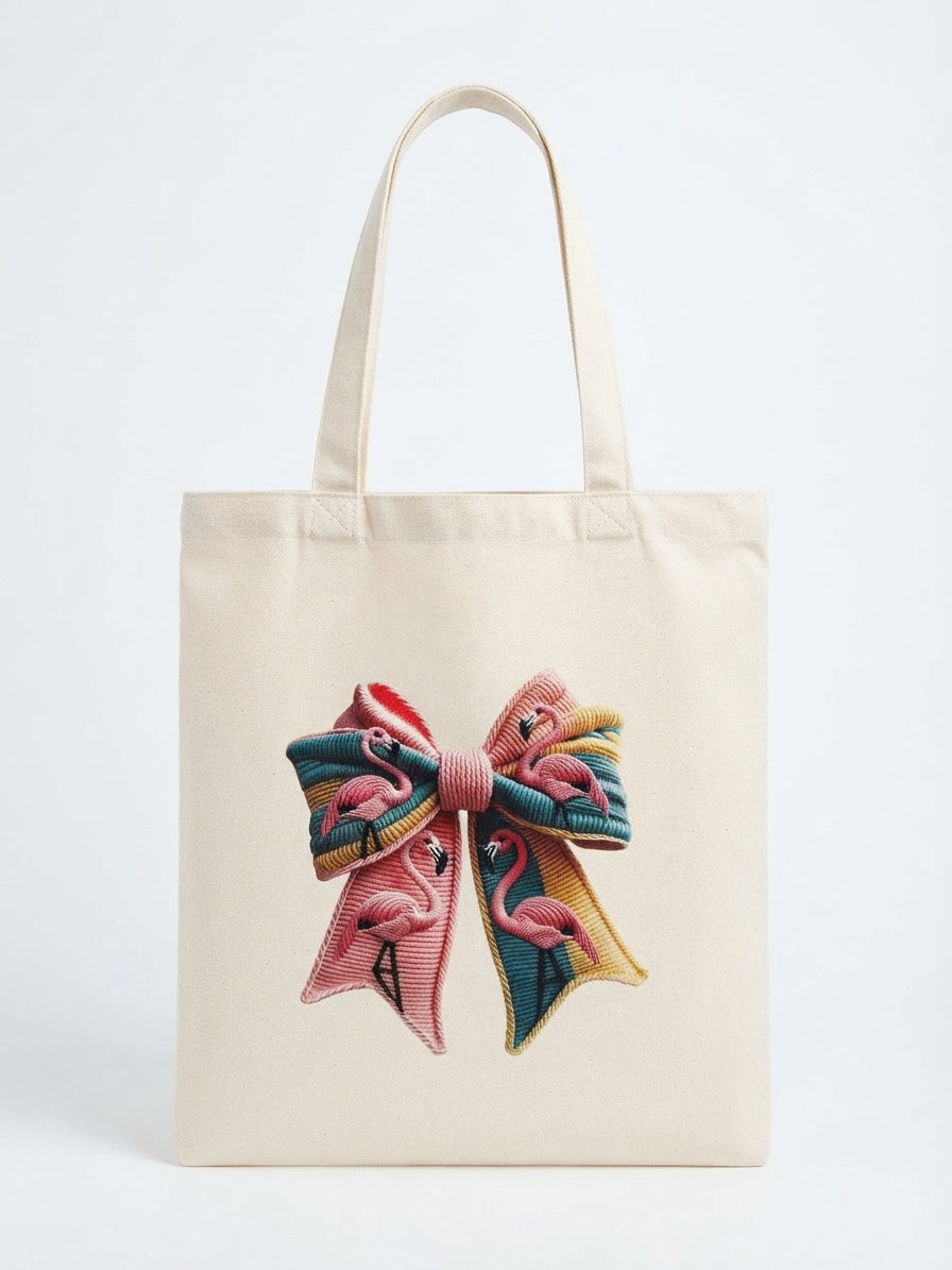 Flamingo Bow Embroidered Canvas Tote Bag